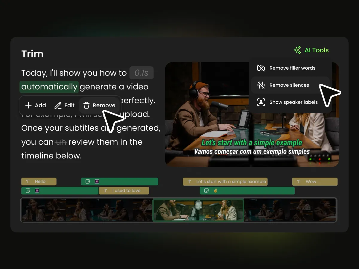 Interface de edição de vídeo baseada em texto onde deletar uma frase da transcrição remove automaticamente o trecho correspondente do vídeo